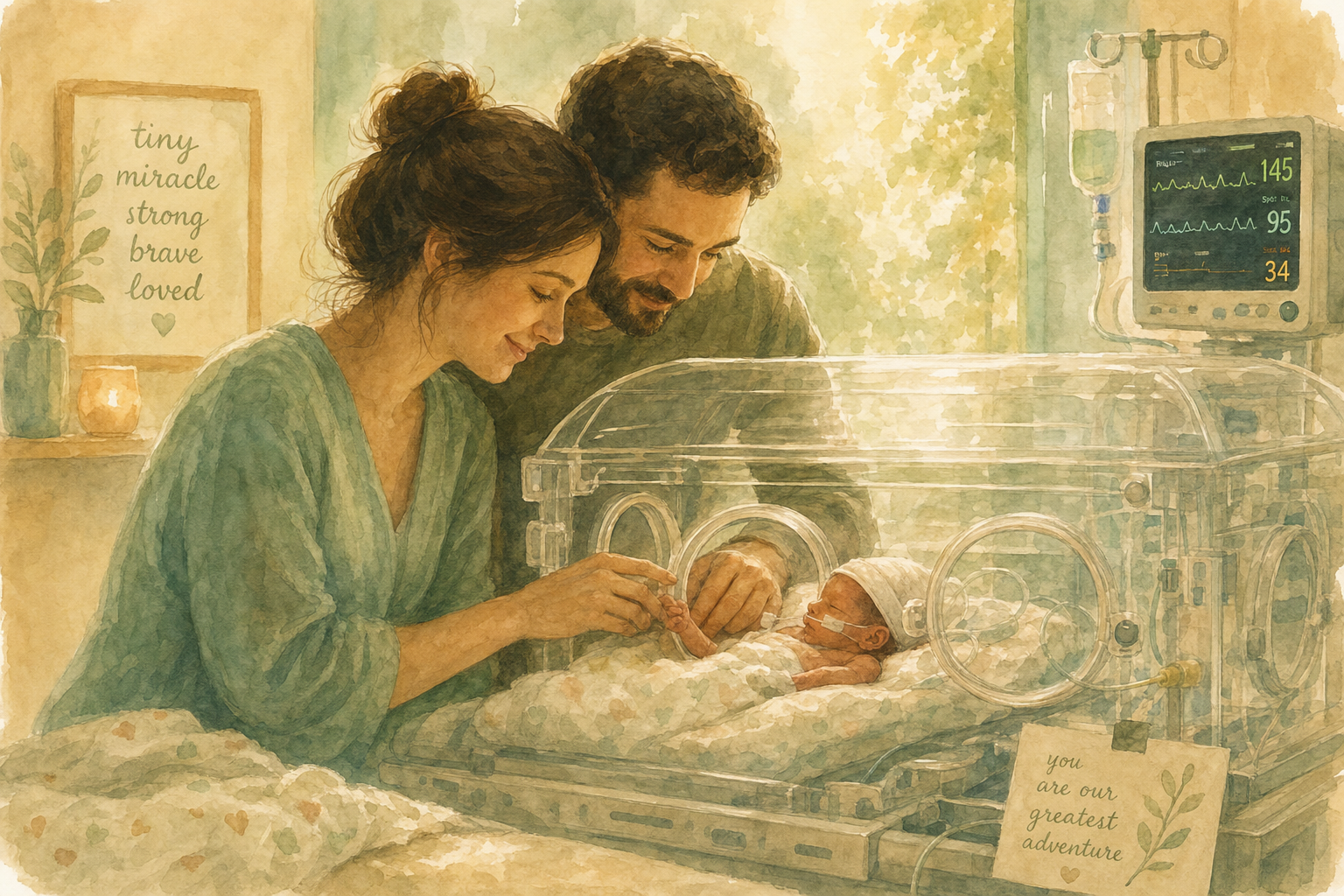 Pais ao lado de bebê prematuro na UTI neonatal